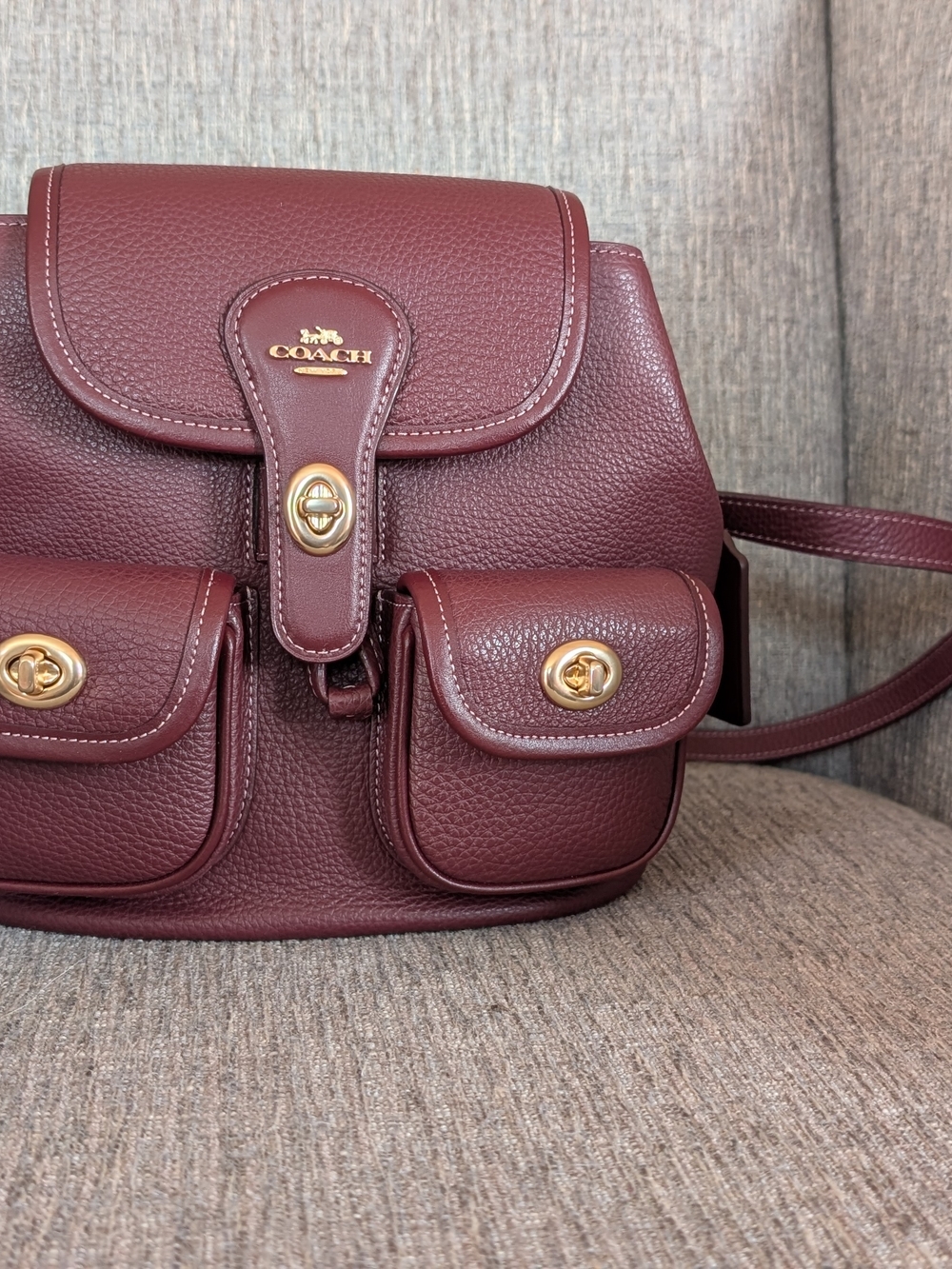 Coach Pebbled Leather Burgundy Mini Backpack with Gold Hardware